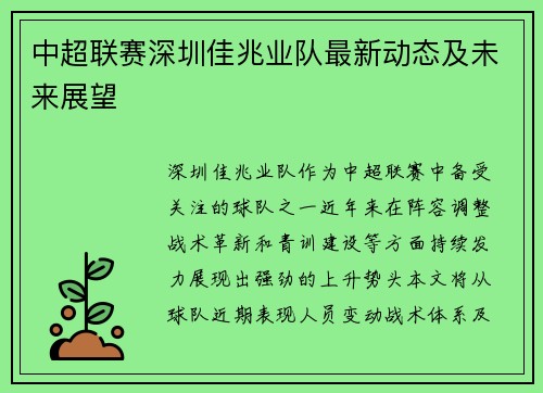 中超联赛深圳佳兆业队最新动态及未来展望